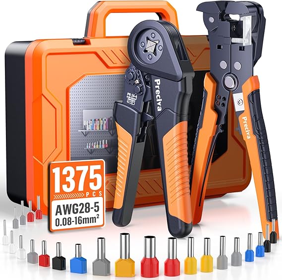 Preciva Crimpzange Aderendhülsenzange und Abisolierzange für Leiter von 02 bis 60 mm² Set mit Koffer Crimpzange 008-16mm² mit 265 Twin und 1110 Einzeilige Aderendhülsen Set