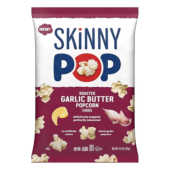 SkinnyPop Roasted Garlic Butter Popcorn, Whole Grain Gluten-Free Snack, 4.4 oz Bag