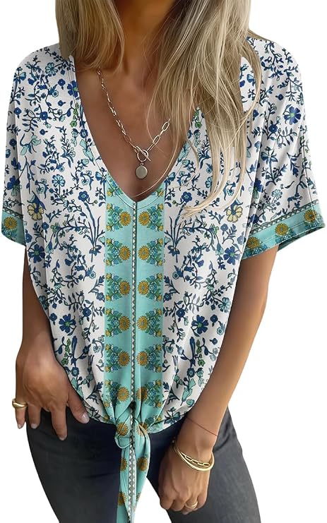 Women's Summer Tops Trendy V Neck Tie Front T-Shirt Casual Short Sleeve Loose Fit Top Blouses