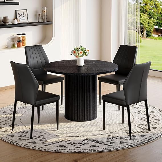 Round Dining Table Set for 4, Black Kitchen Table Set for 4 with 42'' Wood Tabletop and Cylindrical Pedestal Base, Round Dining Set for 4 for Kitchen&Dining Room