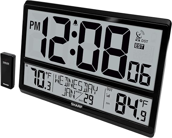 Sharp Atomic Clock with 4-Inch Display, Outdoor Sensor, Battery Powered