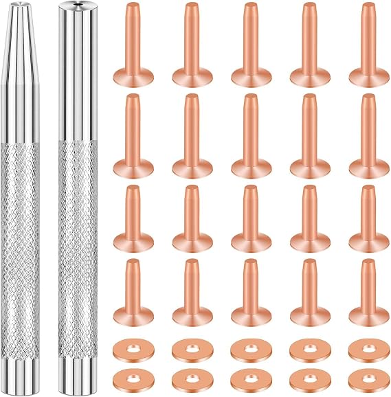 SelfTek 20Pack Copper Rivets and Burrs (14mm and 19mm) with 2Pcs Punch Rivet Tool for Belts, Bags, Collars, Leather-Crafting, Bracelets