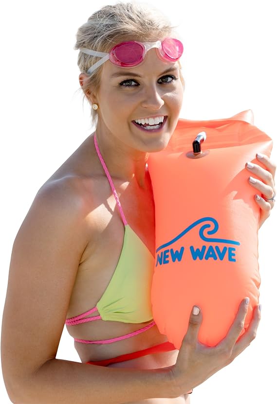 New Wave Swim Buoy Swim Safety Float and Drybag for Open Water Swimmers, Triathletes, Kayakers and Snorkelers, Highly Visible Buoy Float for Safe Swim Training (Orange PVC Medium-15L)