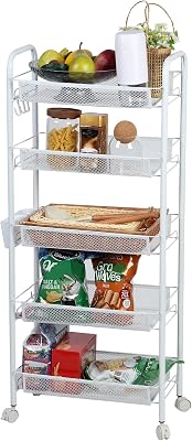 Fruit Basket for Kitchen, 5 Tier Stackable Metal Mesh Wire Fruit Vegetable Storage Basket, Produce Basket Organizer with Rolling Wheels, Rack Storage Cart for Pantry Snack