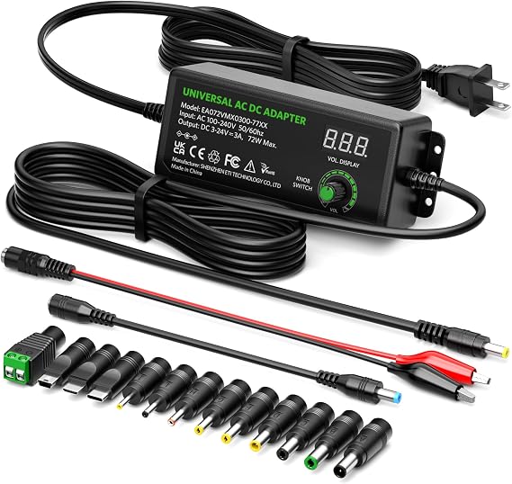 72W Universal Power Supply 3V~24V 3A Adjustable AC Adapter | 4.5V 5V 6V 9V 12V 19V 20V DC Power Adapter Cord, Variable Voltage, LED Voltage Display & 13 Tips, for Household Electronics