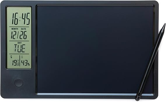 Electronic Digital Calendar with 9.5 inches LCD Writing Tablet Memo Board and Stylus, Time&Day&Temperature&Humidity Display for Office Student Home Work, Black