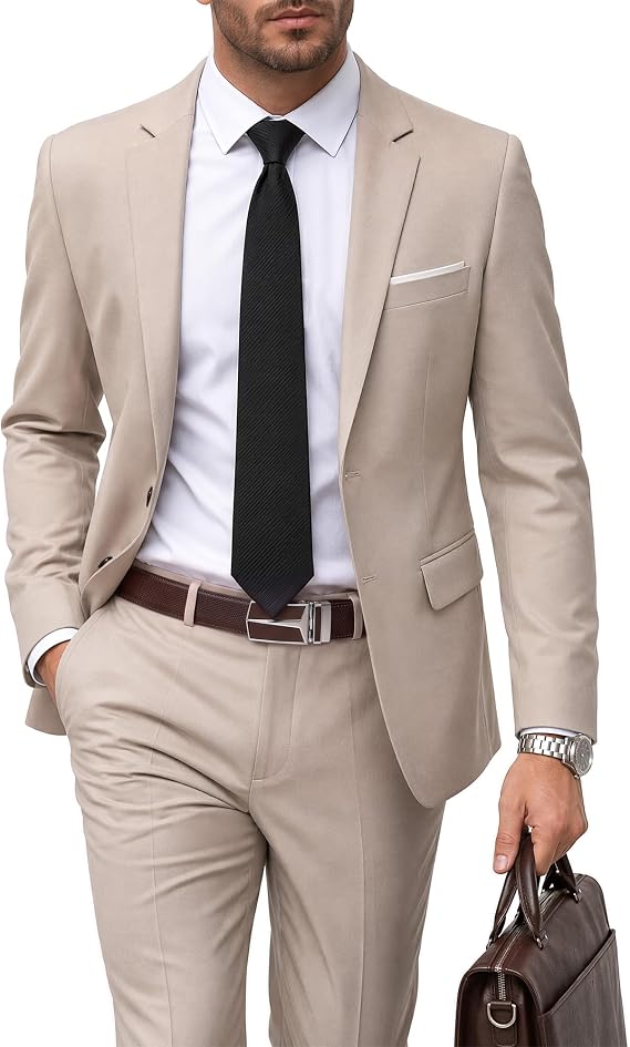 YND Men's 2 Piece Suit with Tie, Slim Fit Solid Color Jacket and Pants Set