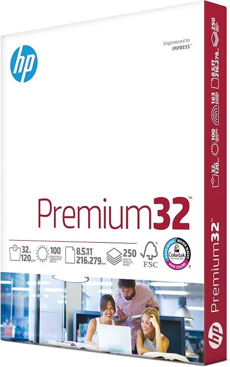 HP Printer Paper |8.5x11 Paper | Premium 32 lb | 1 Ream - 250 Sheets | 100 Bright | Made in USA FSC Certified | 113500R