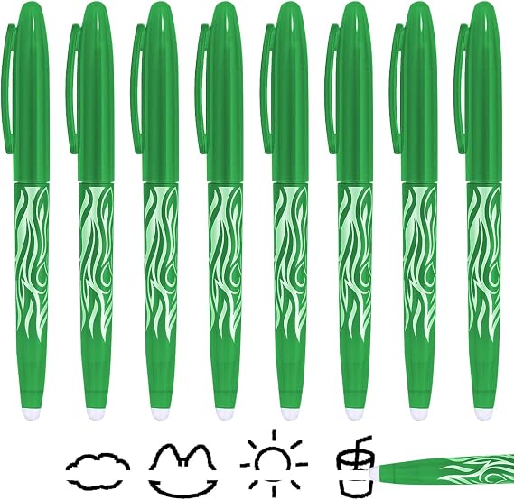 8Pack Green Erasable Pen with 0.5mm Tip, Green Pens for School, Erasable Highlighters with Smooth Writing Gel Ink, Rub Out Function & Built-in Erasers, Ideal for Students, Office Work