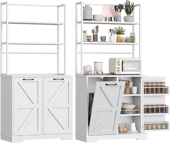 Kitchen Bakers Rack with Storage, 68'' Tall 6 Tier Farmhouse Pantry Cabinet with Trash Bin Cabinet, Microwave Stand Kitchen Cabinet with Hutch,White