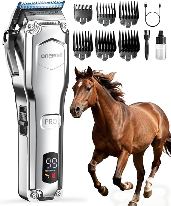 oneisall Cordless Horse Clippers for Thick/Long Hair | 6800RPM, Lightweight, Detachable Stainless Steel Blade, 2000mAh, 50dB, 6 Guide Combs, Ergonomic Design, LED Screen