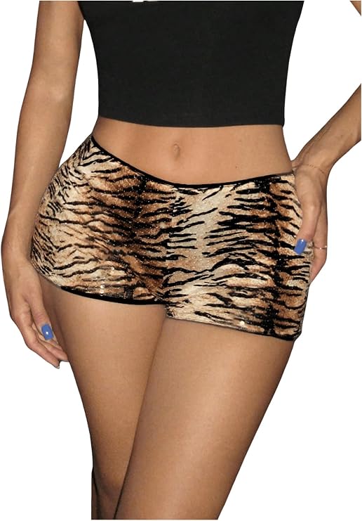 SHENHE Women's Glitter Sequin Leopard Shorts Low Rise Sexy Rave Club Outfits Booty Shorts Hot Pants