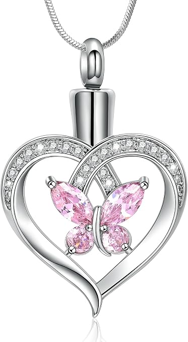 Minicremation Cremation Jewelry Butterfly Heart Urn Necklace for Ashes for Women Urn Pendant Birthstone Locket Crystals Ash Loved One Memorial Keepsake Pendant