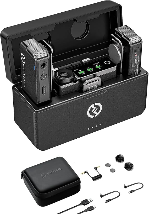 HollyView Hollland LARK MAX Wireless Lavalier Microphone System, 2 Transmitter Receiver Set, Black, 2.4G AFH, 250 m (820 ft), Portable Mini Plug-in Microphone for DSLR Camera/Mobile Device/Computer.