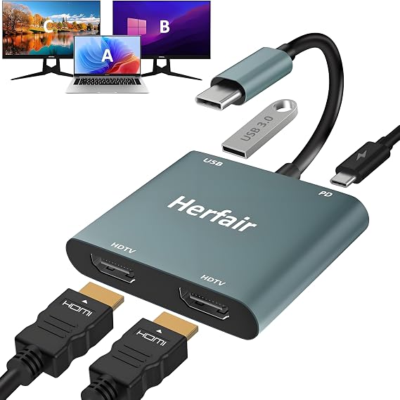 USB C to Dual HDMI Adapter 4K@30Hz, 4-in-1 USB C Hub Multiport Adapter