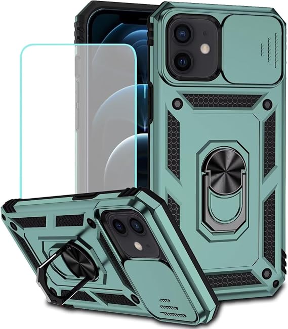 Case for iPhone 12 Case with Tempered Glass Screen Protector and Slide Camera Cover, 360 Rotate Ring Stand Magnetic Cover for iPhone 12 Green