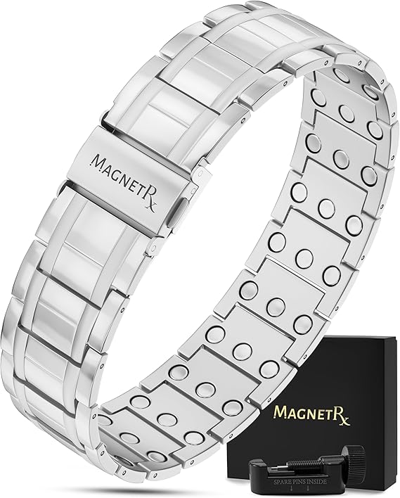 MagnetRX 3X Strength Mens Magnetic Bracelet Titanium Magnetic Bracelets for Men Premium Foldover Clasp & Adjustable Length with Sizing Tool & Gift Box (Silver)