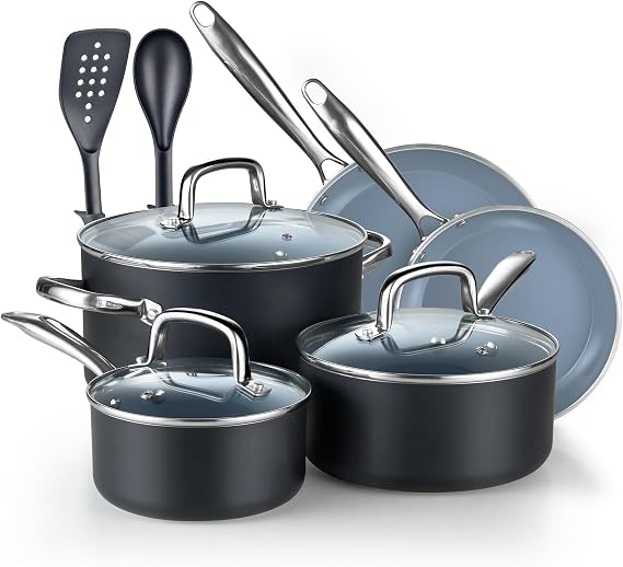 Cook N Home Classic Pots and Pans Nonstick Ceramic Kitchen Cookware Sets Include Saucepan, Frying Pans, Stockpot with Lids, Nylon Utensils, Heavy Gauge, 10-Piece, Black