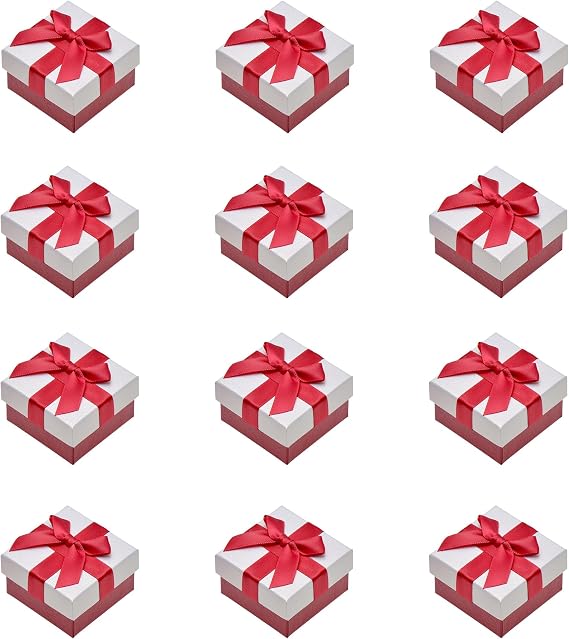 Paialco 12 Pcs Small Jewelry Gift Boxes Wrapped Red Ribbon & Bow, 2.2" x 2.2"