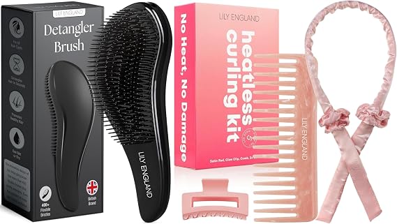 Black Detangling Brush with Heatless Curling Kit – Effortless Hair Care Bundle for Tangle-Free Styling and Heat-Free Curls