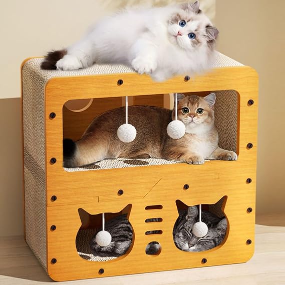 Cat Scratcher Cardboard House, 2 Floor Kitty Scratching Pad Lounger Bed for Small Cats to Play, Rest, Sleep,Scratch Post Box,Durable Board Entertain Feline Friends Prevent Furniture Damage