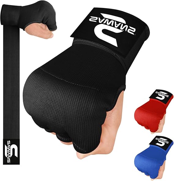 SAWANS Boxing Hand Wraps Inner Gloves for Hand Protection Long Wrist Straps Elasticated, Padded Martial Arts Combat Gloves Punching Bag Training Gel Mitts Muay Thai MMA