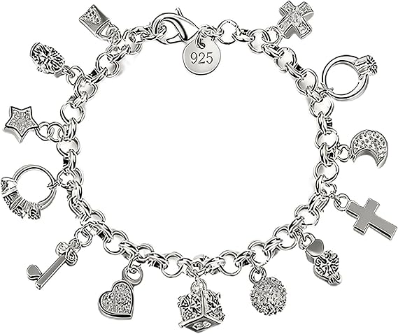 925 Sterling Silver Charm Bracelet for Women, Dainty Pendant Link Chain | Heart, moon, star and cross charms on a delicate 925 sterling silver bracelet, an elegant gift for women, teens and mums.