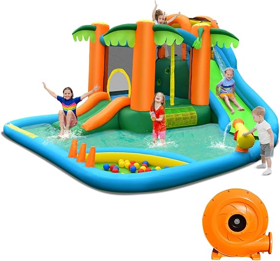 Costzon Inflatable Water Slide, Mega Water Bounce House Combo for Kids Outdoor Fun with Splash Pool, 780w Blower, Climbing Wall, Blow up Waterslides Park Inflatables for Big Kids Backyard Party Gifts