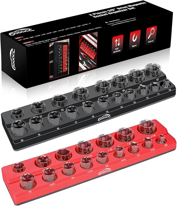 GOOACC 3/8" Magnetic Socket Organizer, 2 Pieces Metric & SAE Socket Drive Holders 3/8 inch Socket Organizer Tray Holds 56 Standard Sockets for Toolboxes