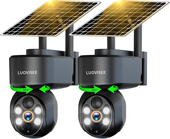 Luovisee WiFi Security Camera Wireless Outdoor 2 Packs,360 PTZ Solar Camera Outdoor Wireless for Home Security,Work with Alexa,AI Motion Detection,PIR Siren,Cloud & SD Card Storage, 2-Way Audio