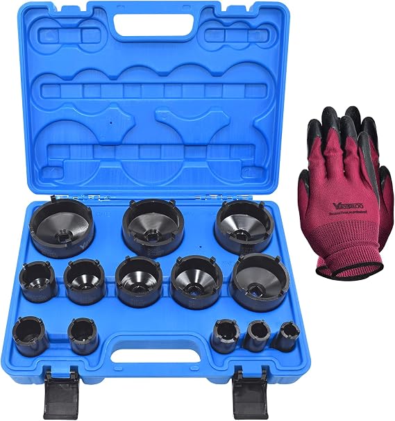 13 PCS Spindle Nuts Socket Kit Ball Joints Axle Locknut Remove Install Locking Hub Socket for KM Groove Nuts, Compatible with GM, Ford, GMC and Dodge, 4 Teeth Exterior with 1/2'' Drive