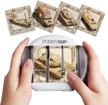 Rotating 3D Puzzle for Kids 3 4 5 6 7 Year Old, 4 Puzzles in 1, Handheld Fidget Toys for Travel, Cars & Plane, Fine Motor Skills Developing, Educational Game Boys & Girls Tank