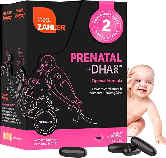 Zahler Prenatal +DHA 300 - Prenatal Vitamin with Methylated Folate & DHA for Pregnant Women - Support for Mom & Baby - Kosher, Gluten Free, Dairy Free - 120 Softgels