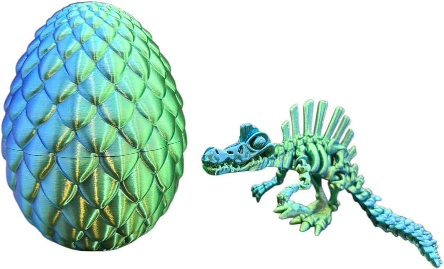3D Printed Spinosaurus Skeleton Figure – Flexible Articulated Dinosaur Toy with Movable Joints – Poseable Prehistoric Model with Egg, Collectible Desk Decor Display for Kids &amp; Adults - GreenBlue