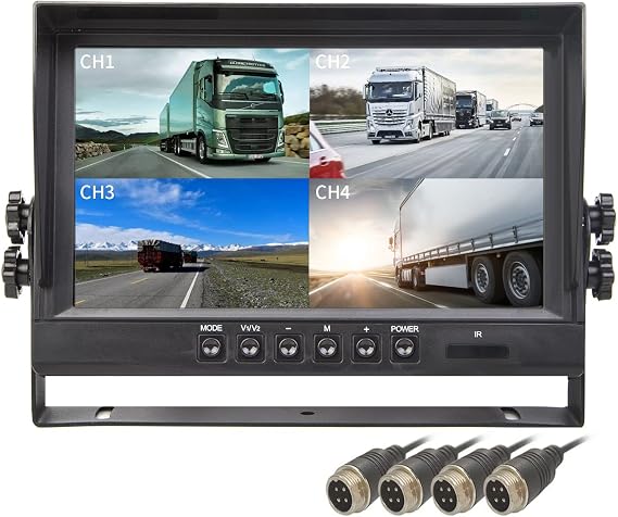 9" TFT LCD Car Rearview Quad Split Monitor,Remote Control, 4 Channels 4-PIN Connector Video Inputs Shockproof - 12V-24V 800480HD Screen w/Sunshade Anti-Glare