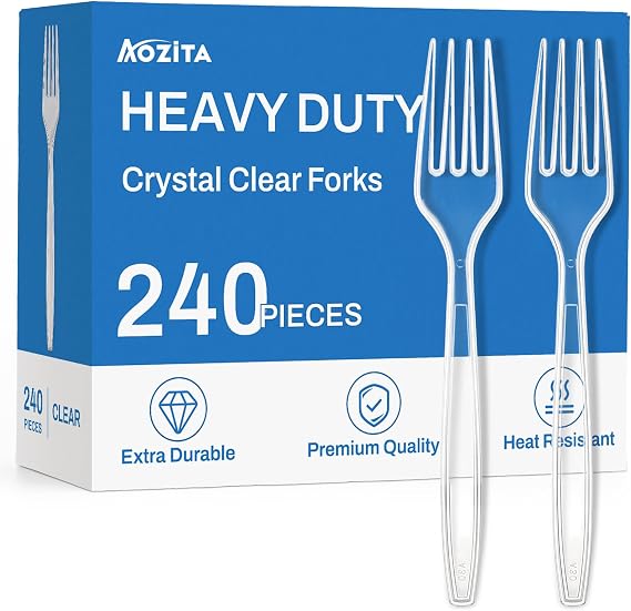 240 Count Extra Heavy Duty Clear Plastic Forks, Solid and Durable Premium Disposable Forks - BPA-Free & Heat Resistant Plastic Cutlery Utensils for Parties, Events and Everyday Use