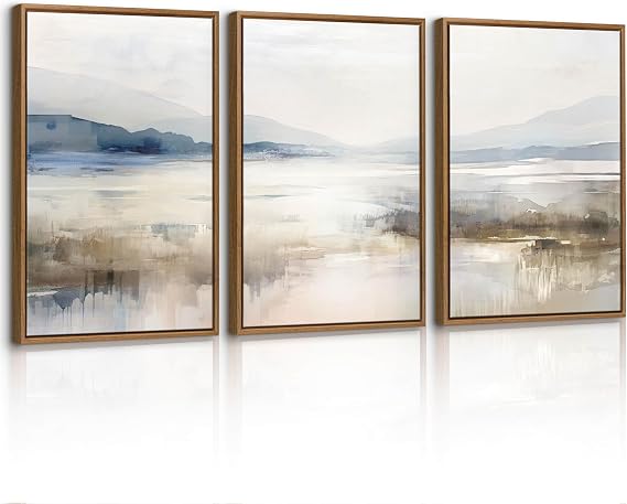 3 Pcs Abstract Mountain Lakes Framed Canvas Wall Art Set, Neutral Nature Landscape Wall Decor Misty Blue White Scenery Wall Painting Art Prints Pictures for Living Room Bedroom Office 40X60cmX3 Pcs