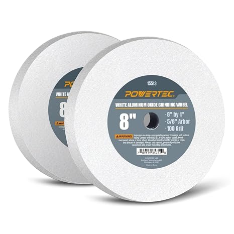 POWERTEC Bench Grinder Wheel 2PK, 8 Inch Grinding Wheel 100 Grit, White Aluminum Oxide, 8 Bench Grinder Wheels for Pedestal & Benches, 1" Thick 5/8" Arbor, Sharpening Shaping Drill Bits -15513-P2