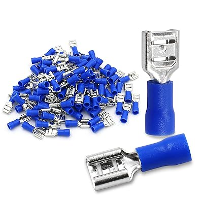 Baomain 100-Pack 14 Female Quick Disconnect Spade Terminals, 16-14 AWG 6.3mm 0.25 inch, Insulated Crimp Connectors Blue