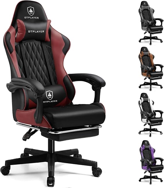 GTPLAYER Gaming Chair, Office Chair, Desk, PC Chair, Telework, 145° Reclining, Ottoman Included, Game Chair, High Back, Lumbar Support, Built-in Pocket Coil, PU Leather RUSTRED