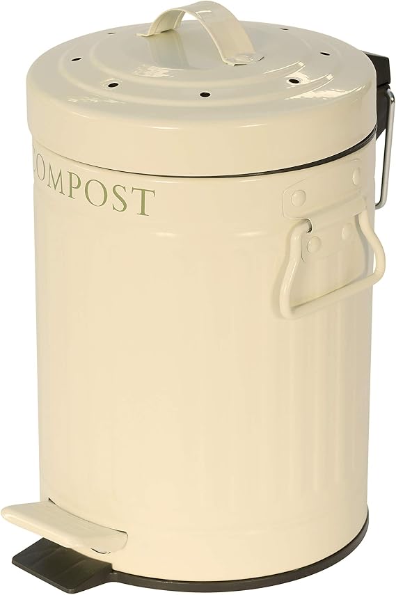 KitchenCraft Pedal-Operated Mini Kitchen Compost Bin, 3 litres (5.25 Pints), Dishwasher Safe (Without The Filter), Cream
