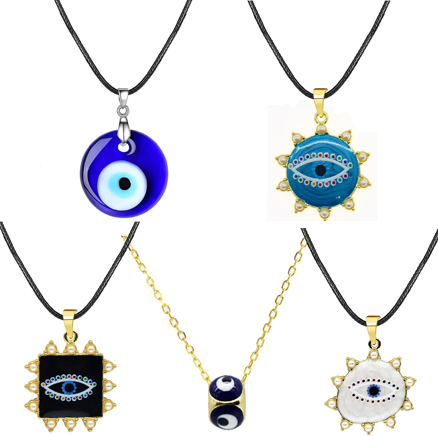 JDXN 5PCS Evil Eye Pendant Necklaces Set Leather Rope Chain Turkish Protect Lucky Necklace Jewelry For Women Mens