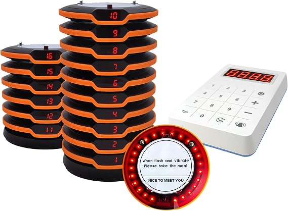 Restaurant Pager System 16 Coaster Pagers and Beepers, Restaurant Beepers Buzzers System with Vibration Flashing Buzzer Queue Wireless Calling System for Food Truck Coffee Shop Church Nursery Bar
