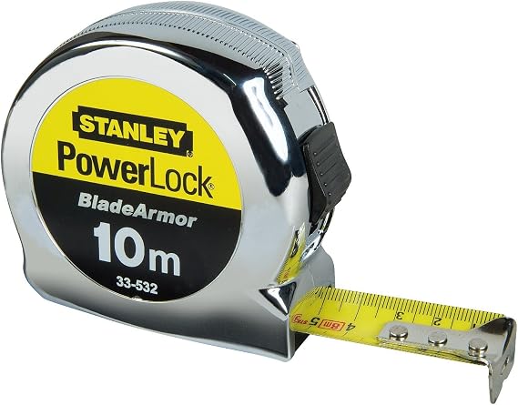 Stanley Bandmaß Micro Powerlock (10 m Länge Feststeller Rücklauf Gürtelclip verchromt Mylar-Schutzschicht) 0-33-532