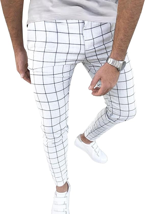 Men's Fashion Stretch Dress Pants Casual Business Golf Pant Trousers Slim Fit Plaid Skinny Long Pants