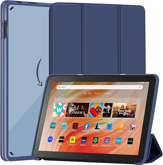 Slim Case for Amazon Kindle Fire HD 10 & Fire HD 10 Kid & Fire 10 Kid Pro(13th Gen, 2023 Release 10.1"), PU Leather Trifold Stand Cover PC Clear Back Dual Angle,Shell with Auto Wake/Sleep,Navy Blue