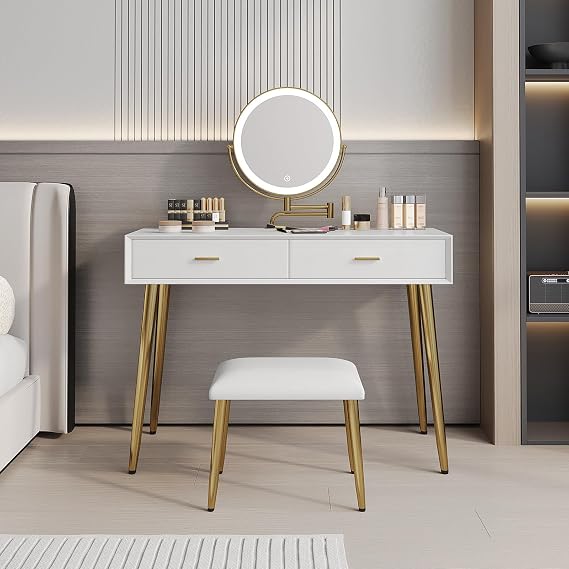 Vanity Desk with Mirror and Lights, Makeup Vanity with Storage Drawers and Stool, Dressing Table Set with Leather Surface, Small Vanity Table for Bedroom, 3 LED Lighting Modes (white, 31.5in)