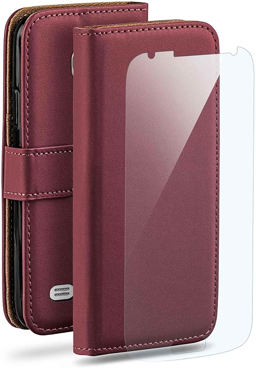 moex Mobile Phone Case for Samsung Galaxy S4 Case with Card Slot Stand Function Premium PU Leather Protective Flip Case with Screen Protector – Wine Red
