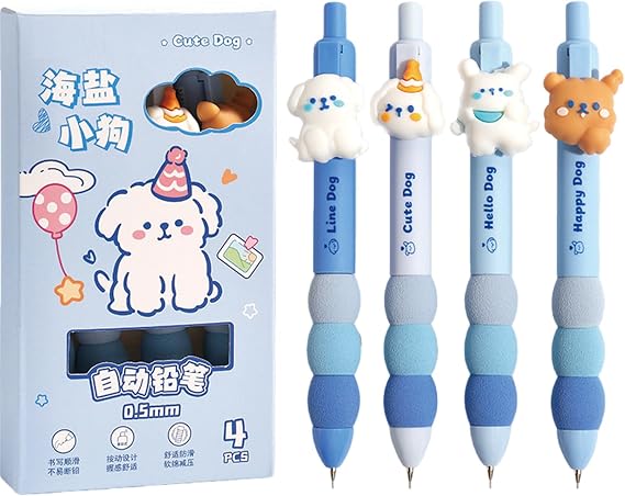 MOZXIRZ 4 Pcs Cute Mechanical Pencils 0.5mm Cartoon Puppy Mechanical Pencil Kawaii Soft Grip Mechanical Pencils School Pencil for Students Women (Puppy)