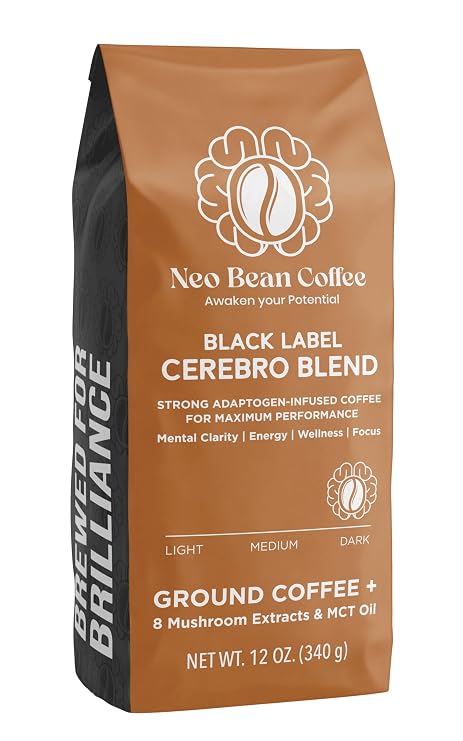 Neobean Black Label Cerebro Blend 12 oz Bag - Freshly Roasted Specialty Coffee with 8 Adaptogen Mushrooms & MCT Oil - Mushroom Coffee